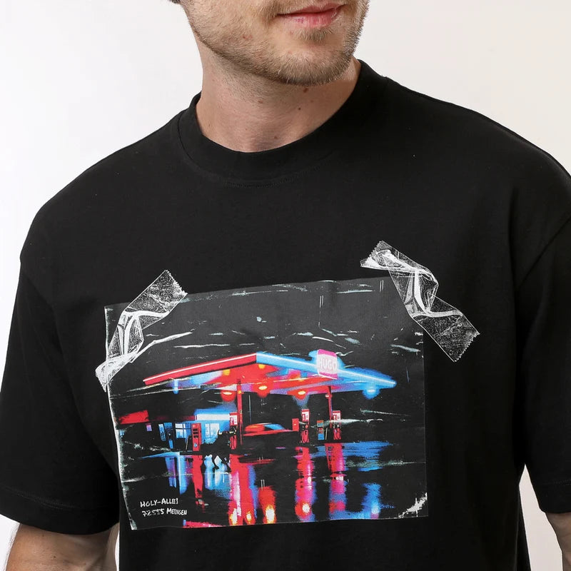 HUGO Men's Core Black Glossy Tape Urban Graphic Luxury T-Shirt