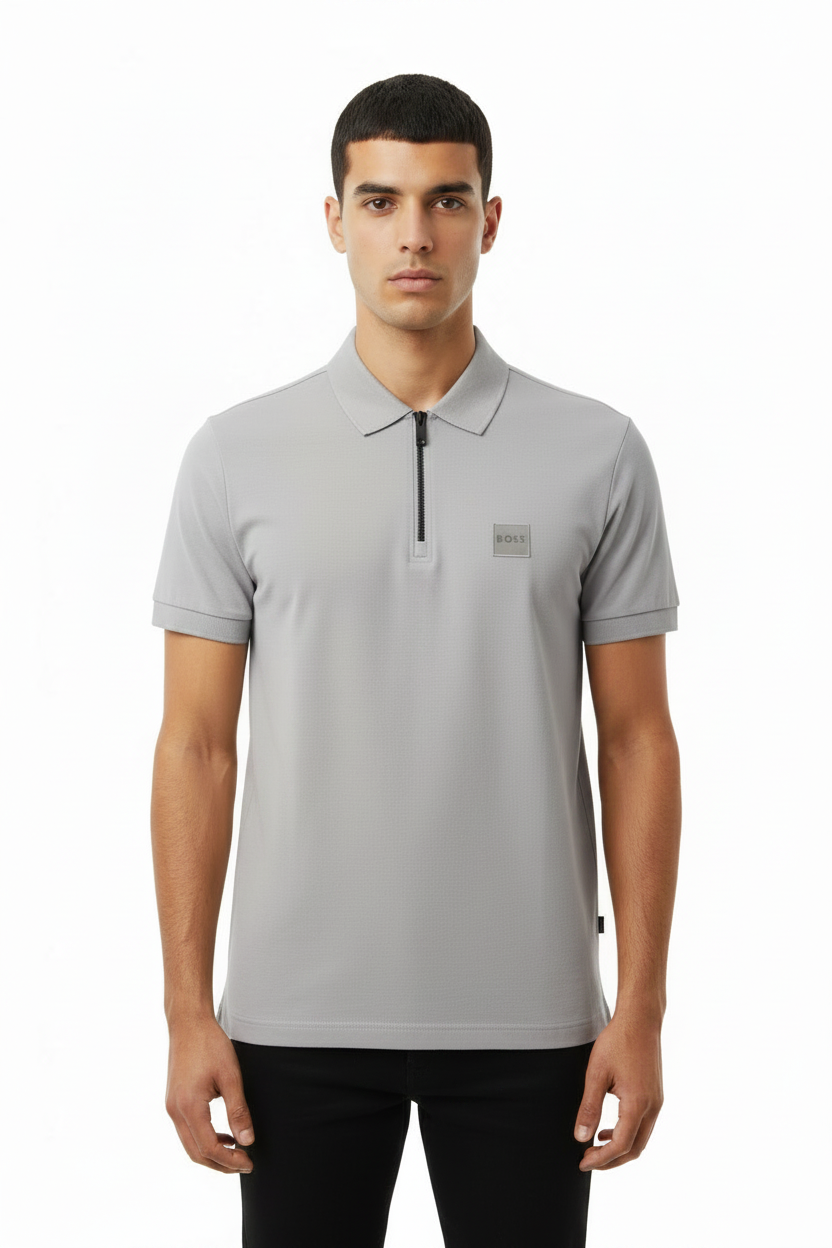 BOSS Men's Quarter-Zip Polo Shirt with Square Silicone Logo Patch