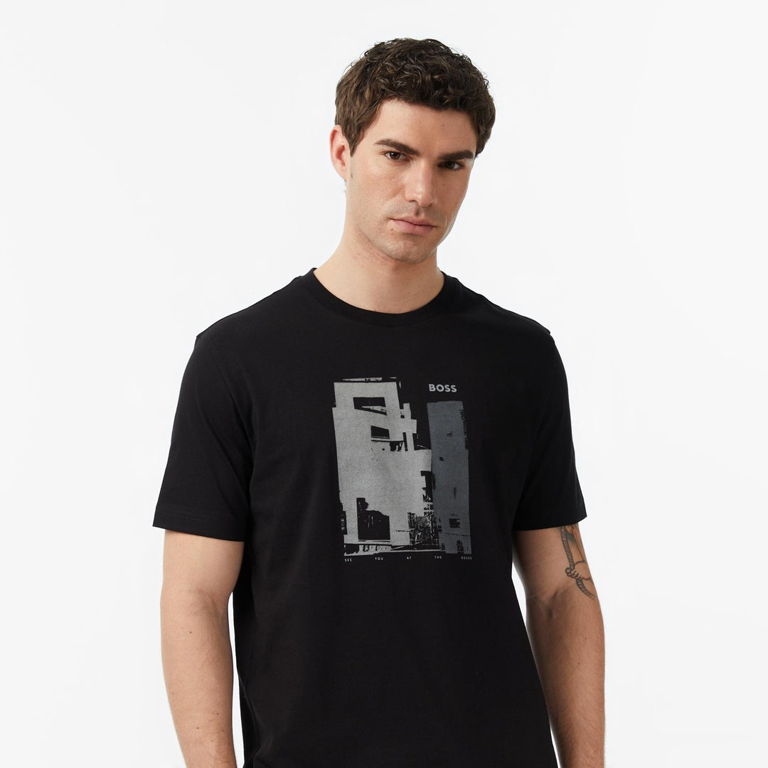 BOSS Men's Abstract Urban Docks Architectural Graphic Luxury T-Shirt