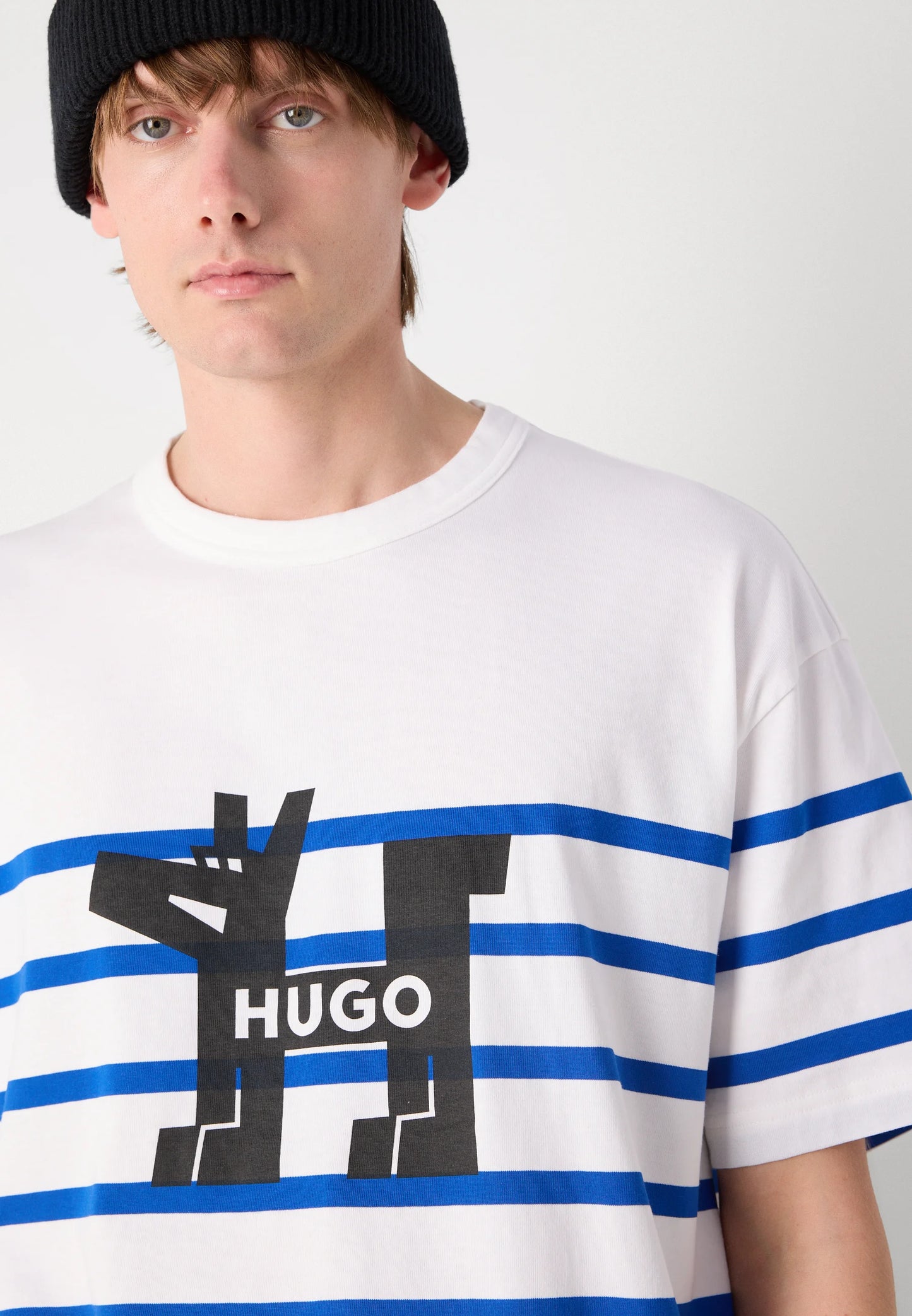 HUGO Men's Striped Geometric Dog Graphic Luxury T-Shirt - White & Blue