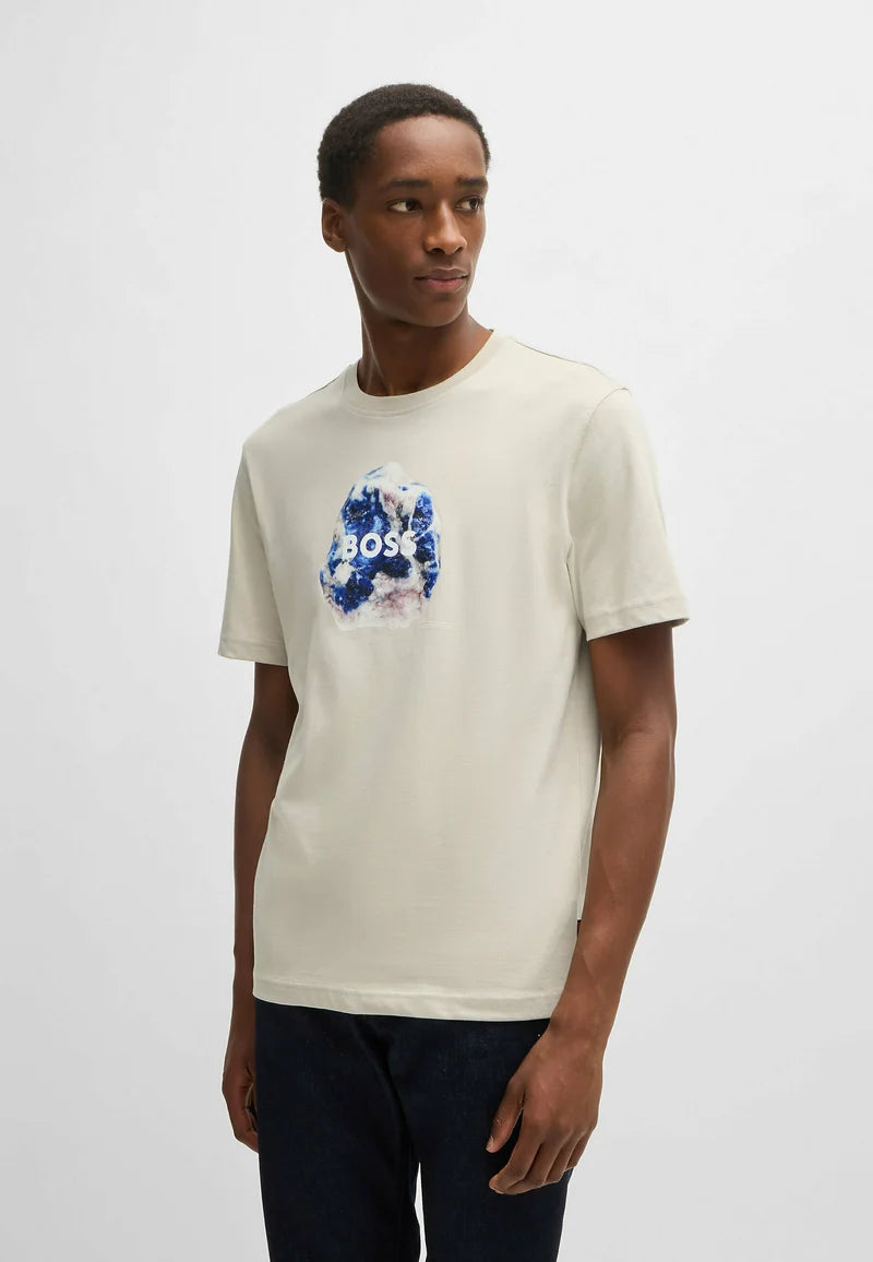 BOSS Men's Sand Beige Mineral Geode Logo Luxury T-Shirt
