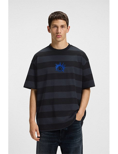 HUGO Men's Striped Spiky Smiley Graphic Luxury T-Shirt