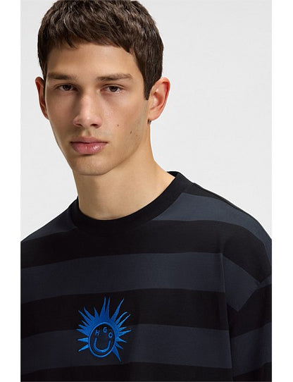 HUGO Men's Striped Spiky Smiley Graphic Luxury T-Shirt