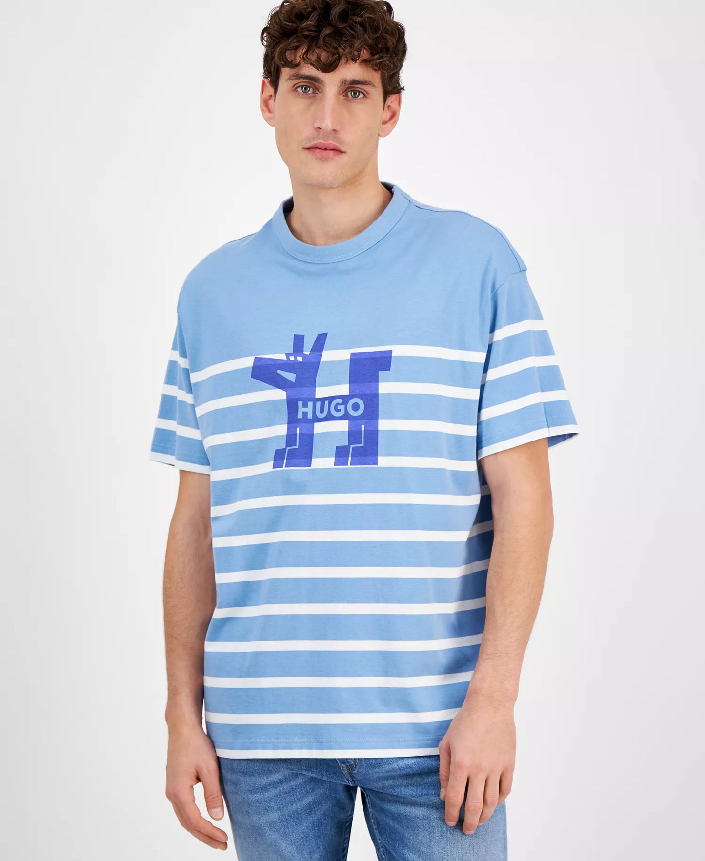 HUGO Men's Striped Geometric Dog Graphic Luxury T-Shirt - White & Blue