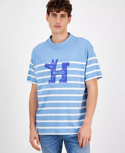 HUGO Men's Striped Geometric Dog Graphic Luxury T-Shirt - White & Blue