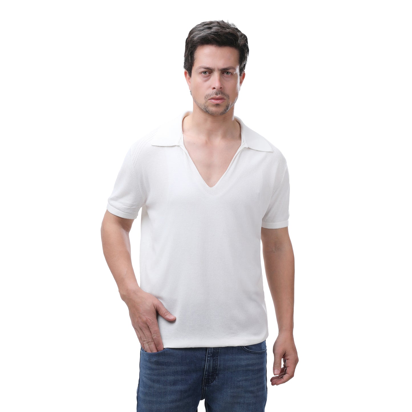 MANGO Men's Slim Fit V-Neck Knit Polo Shirt with Ribbed Trim