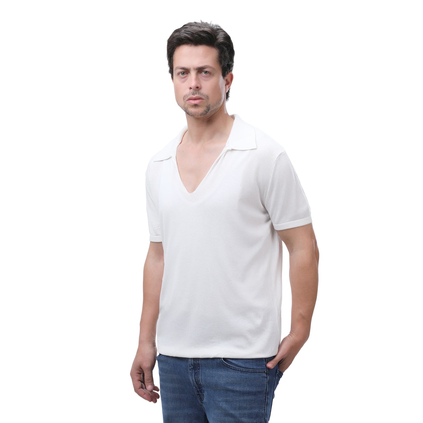 MANGO Men's Slim Fit V-Neck Knit Polo Shirt with Ribbed Trim