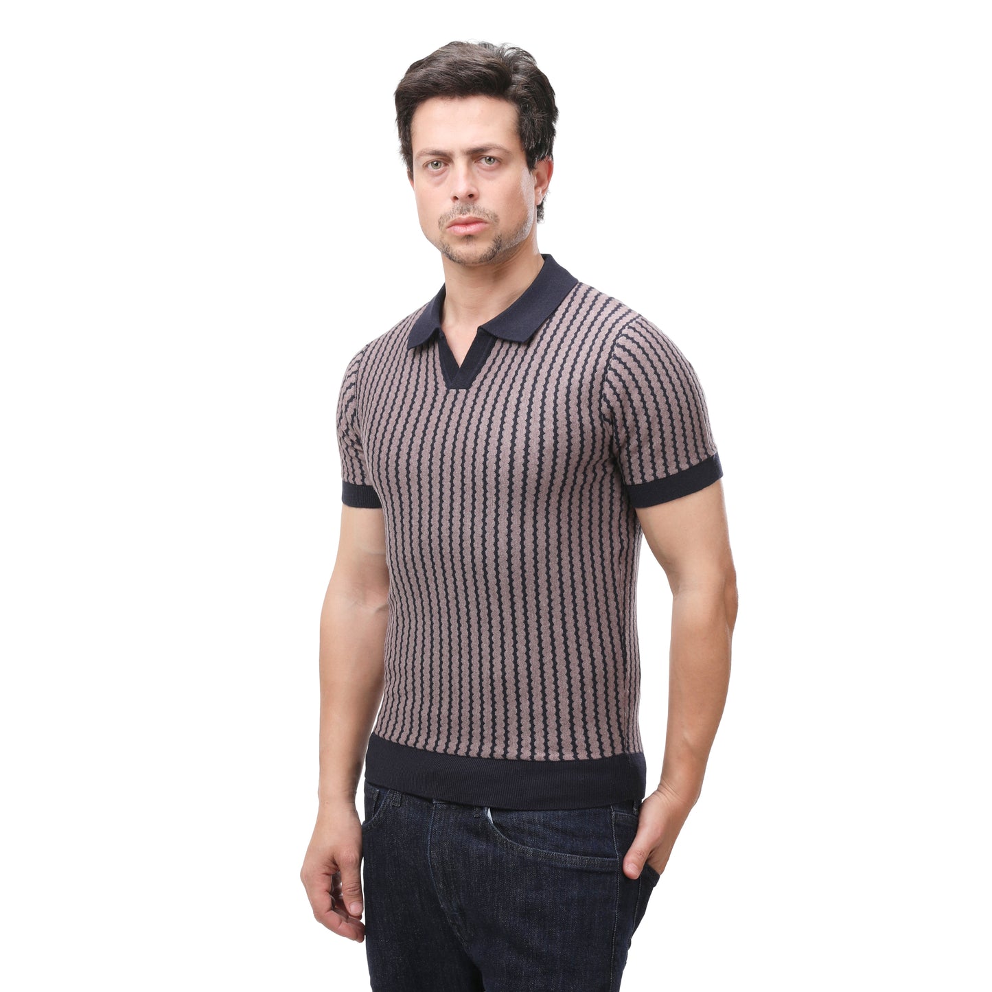 ZARA Textured Knit V-Neck Polo Shirt