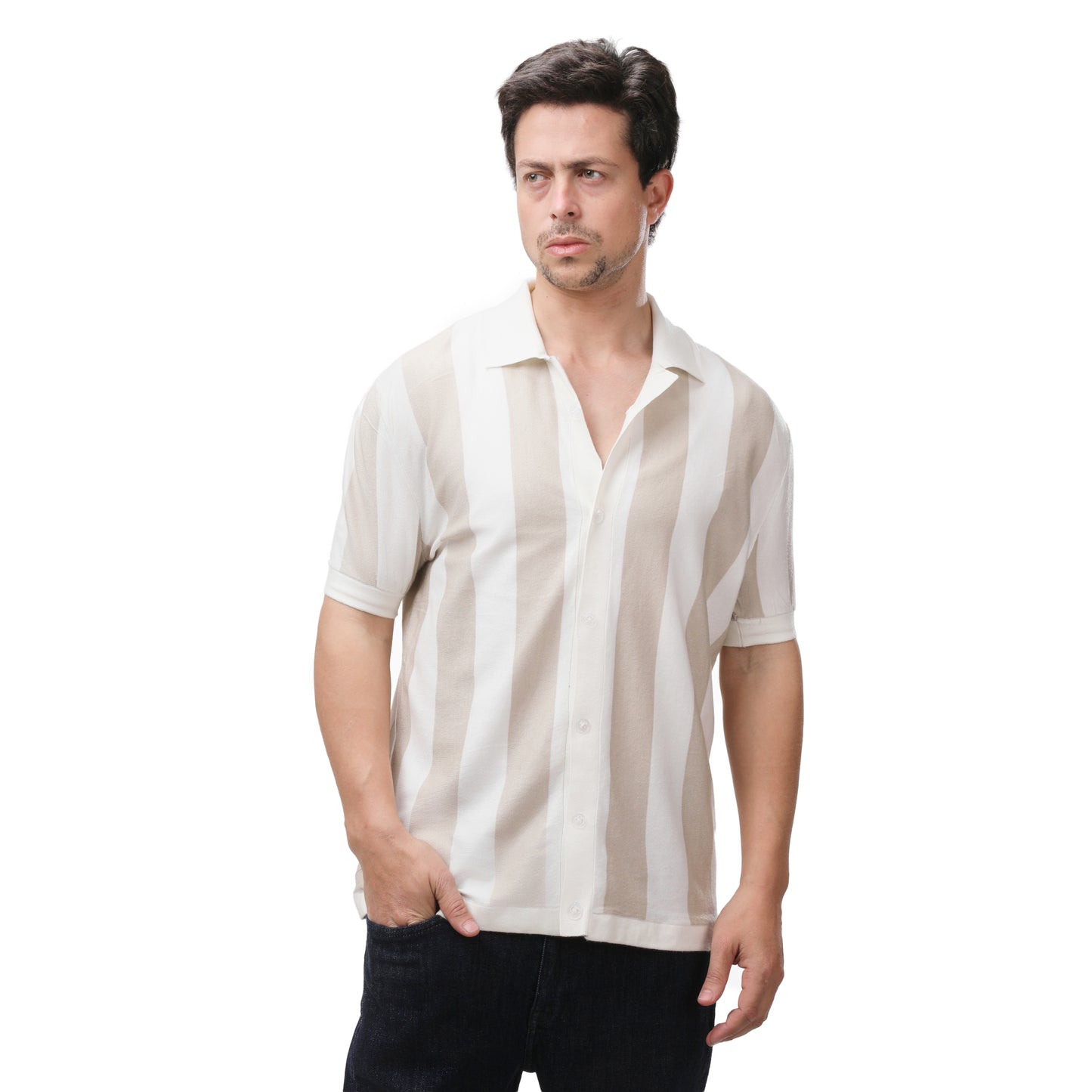 Mango Retro Vertical Striped Button-Down Knit Shirt