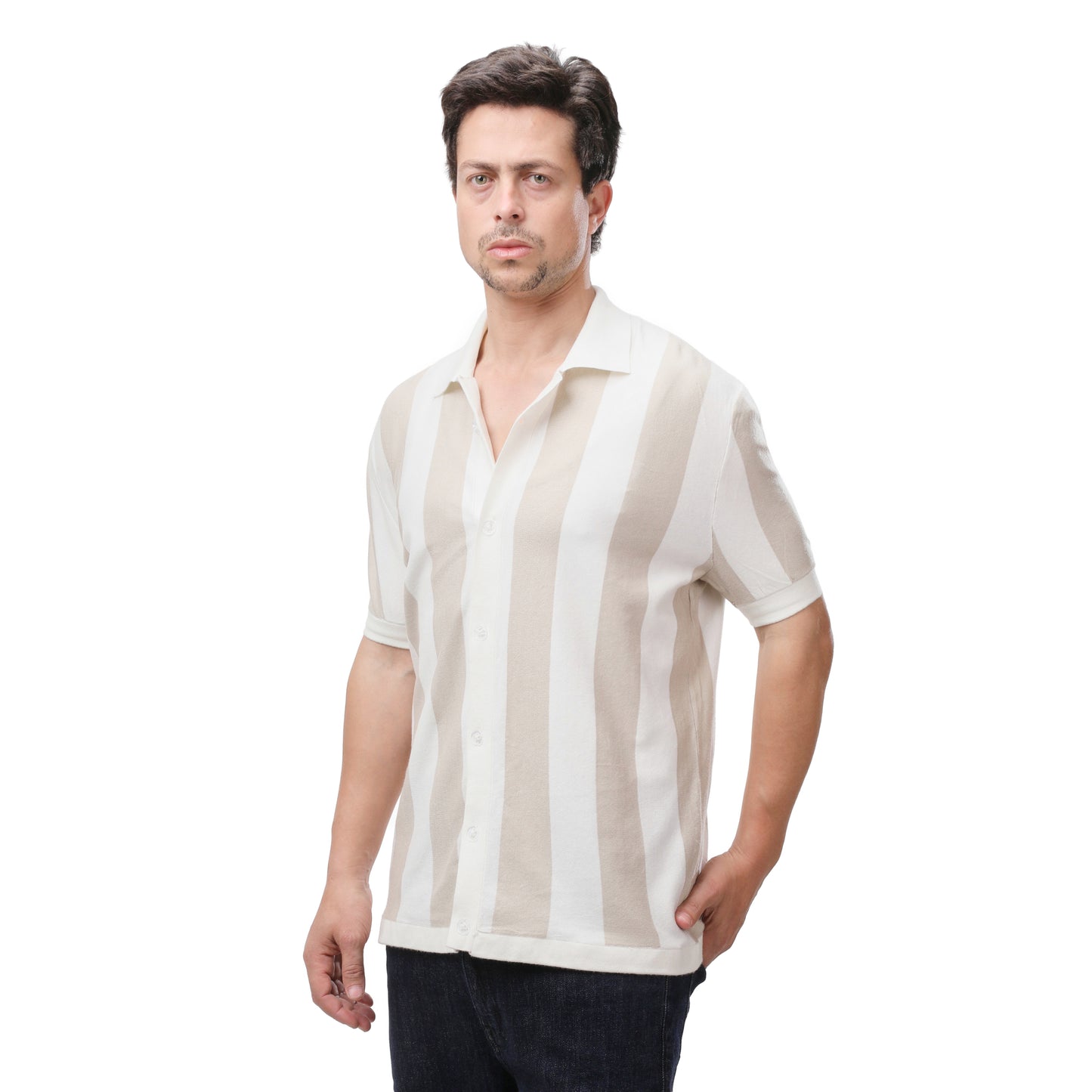 Mango Retro Vertical Striped Button-Down Knit Shirt