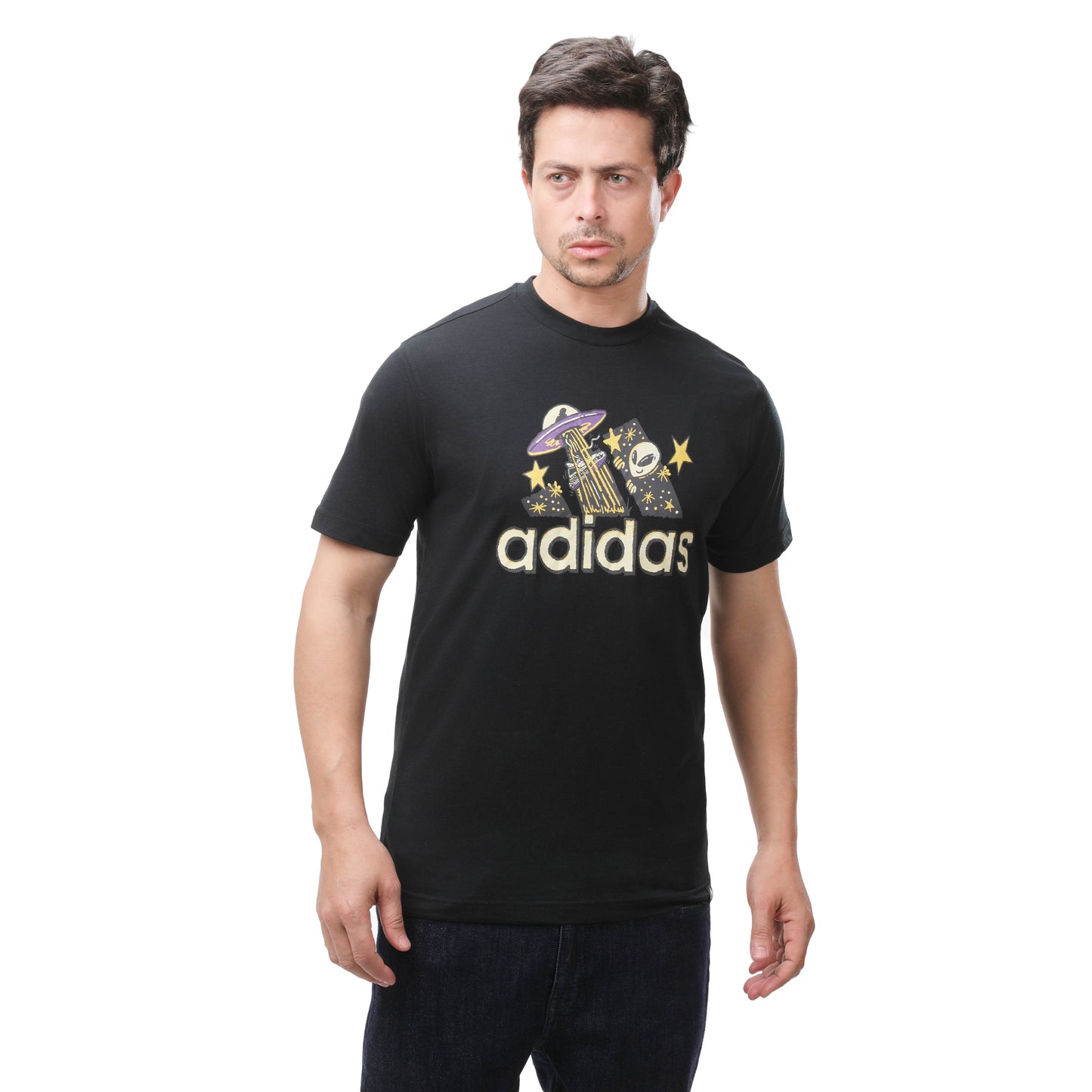 Adidas Men's Graphic Tee: Cartoon UFO and Alien Design