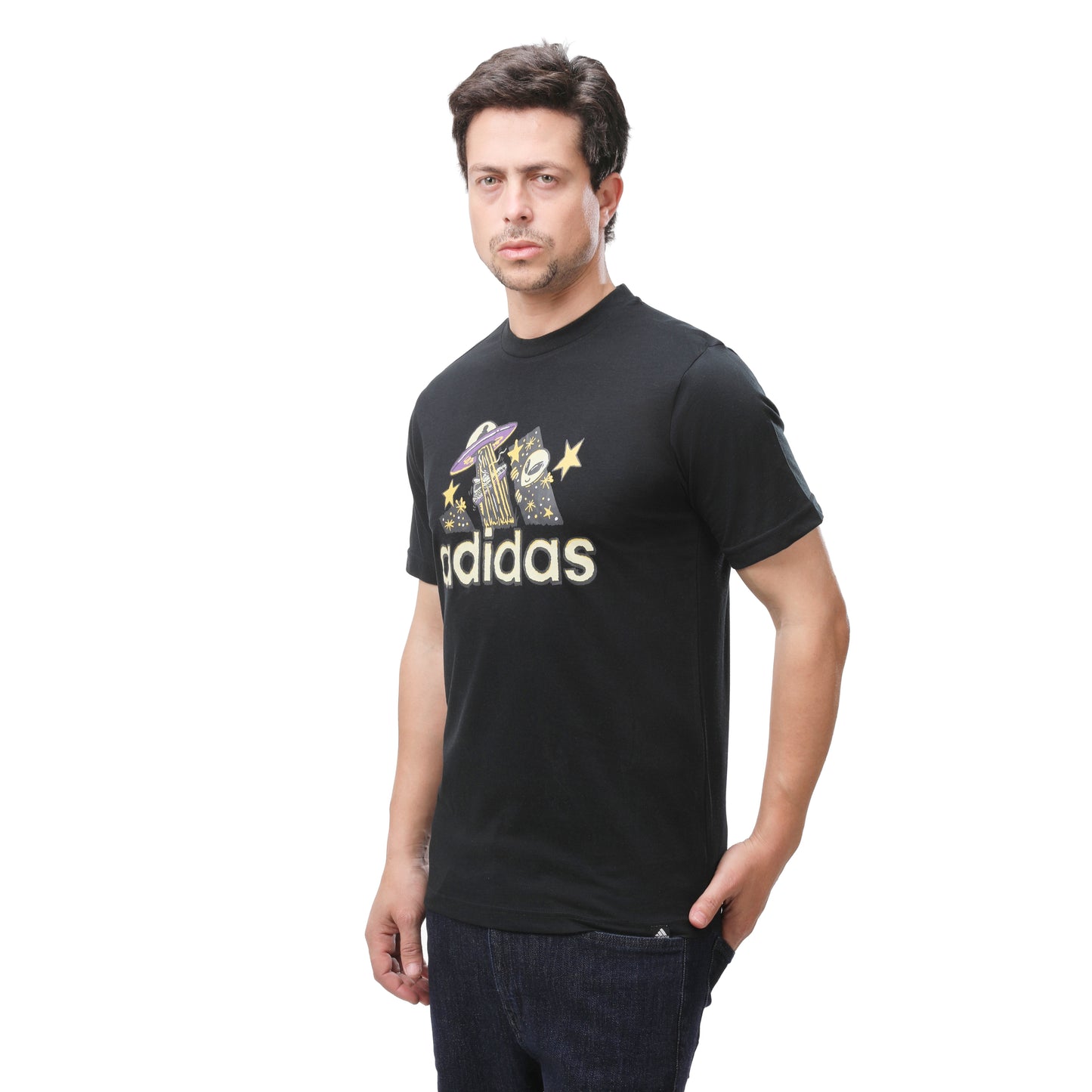 Adidas Men's Graphic Tee: Cartoon UFO and Alien Design