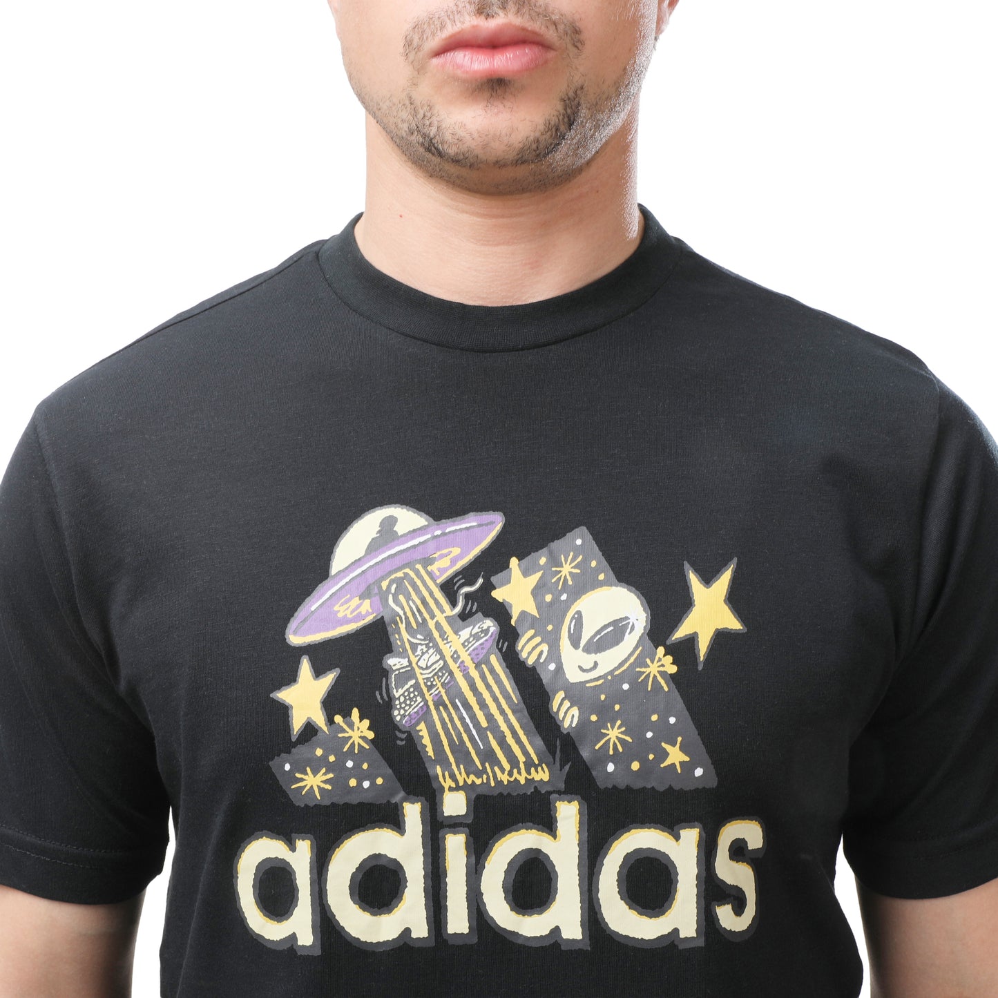 Adidas Men's Graphic Tee: Cartoon UFO and Alien Design