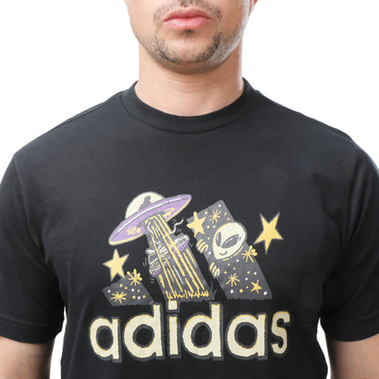 Adidas Men's Graphic Tee: Cartoon UFO and Alien Design