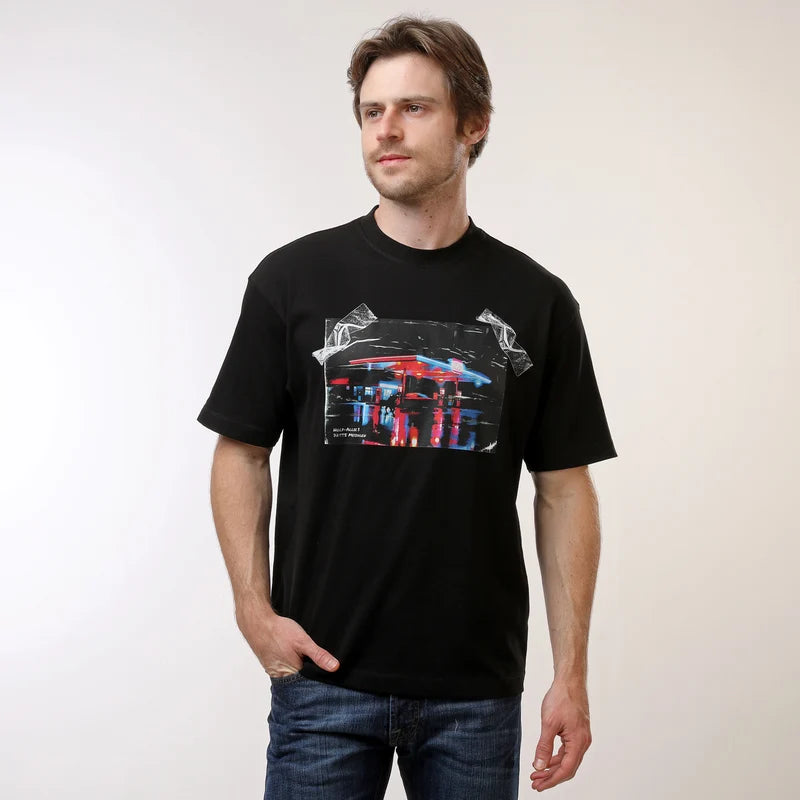 HUGO Men's Core Black Glossy Tape Urban Graphic Luxury T-Shirt