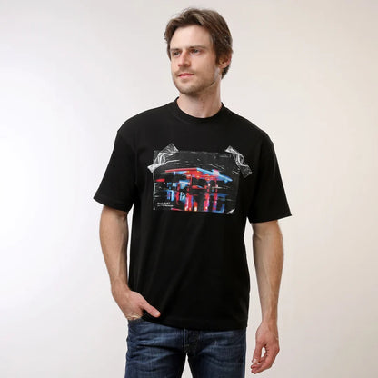HUGO Men's Core Black Glossy Tape Urban Graphic Luxury T-Shirt