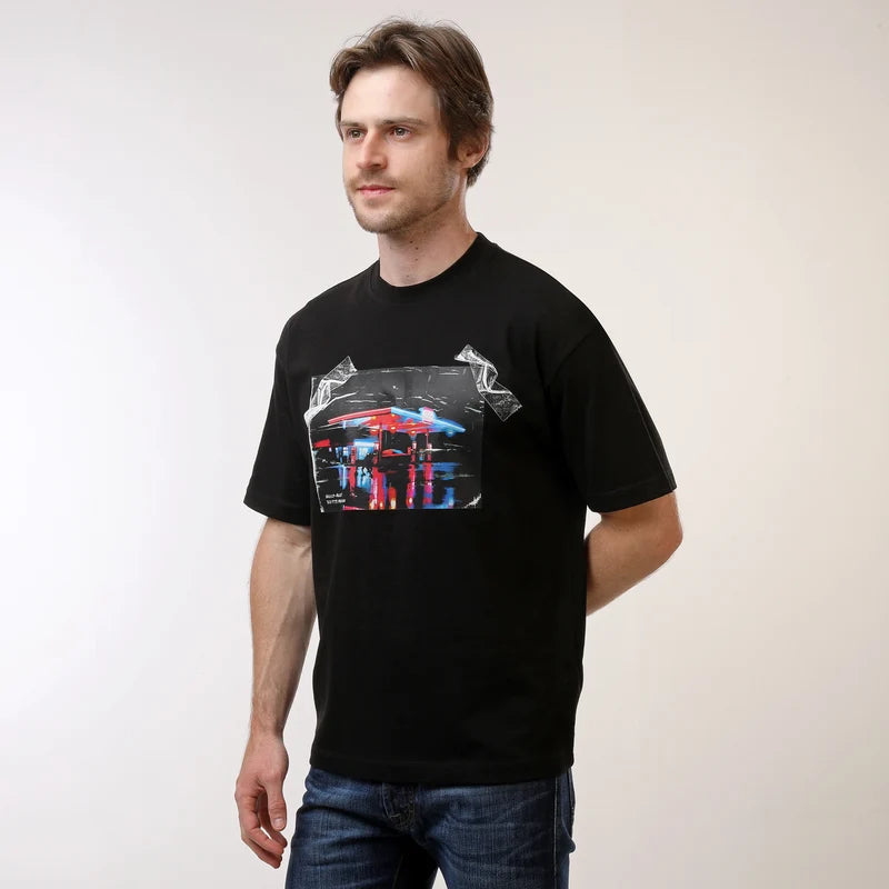 HUGO Men's Core Black Glossy Tape Urban Graphic Luxury T-Shirt