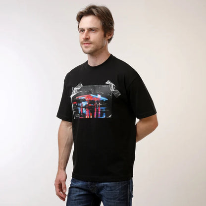 HUGO Men's Core Black Glossy Tape Urban Graphic Luxury T-Shirt