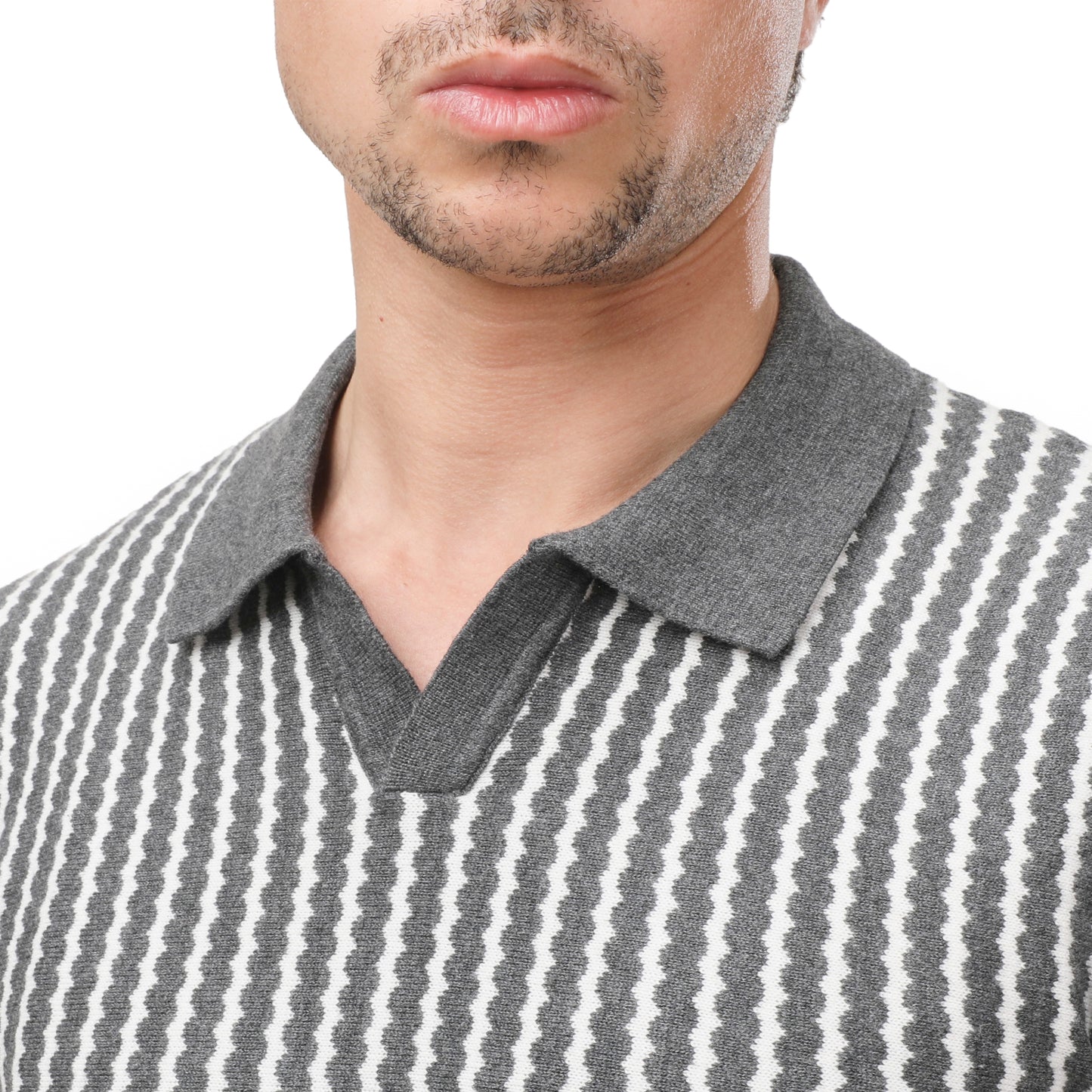 ZARA Textured Knit V-Neck Polo Shirt