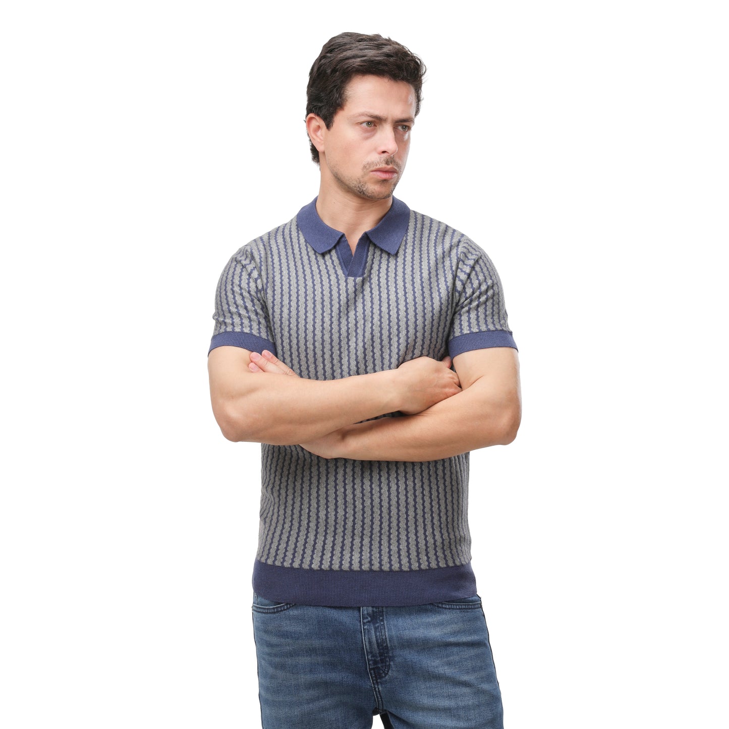 ZARA Textured Knit V-Neck Polo Shirt