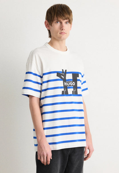 HUGO Men's Striped Geometric Dog Graphic Luxury T-Shirt - White & Blue