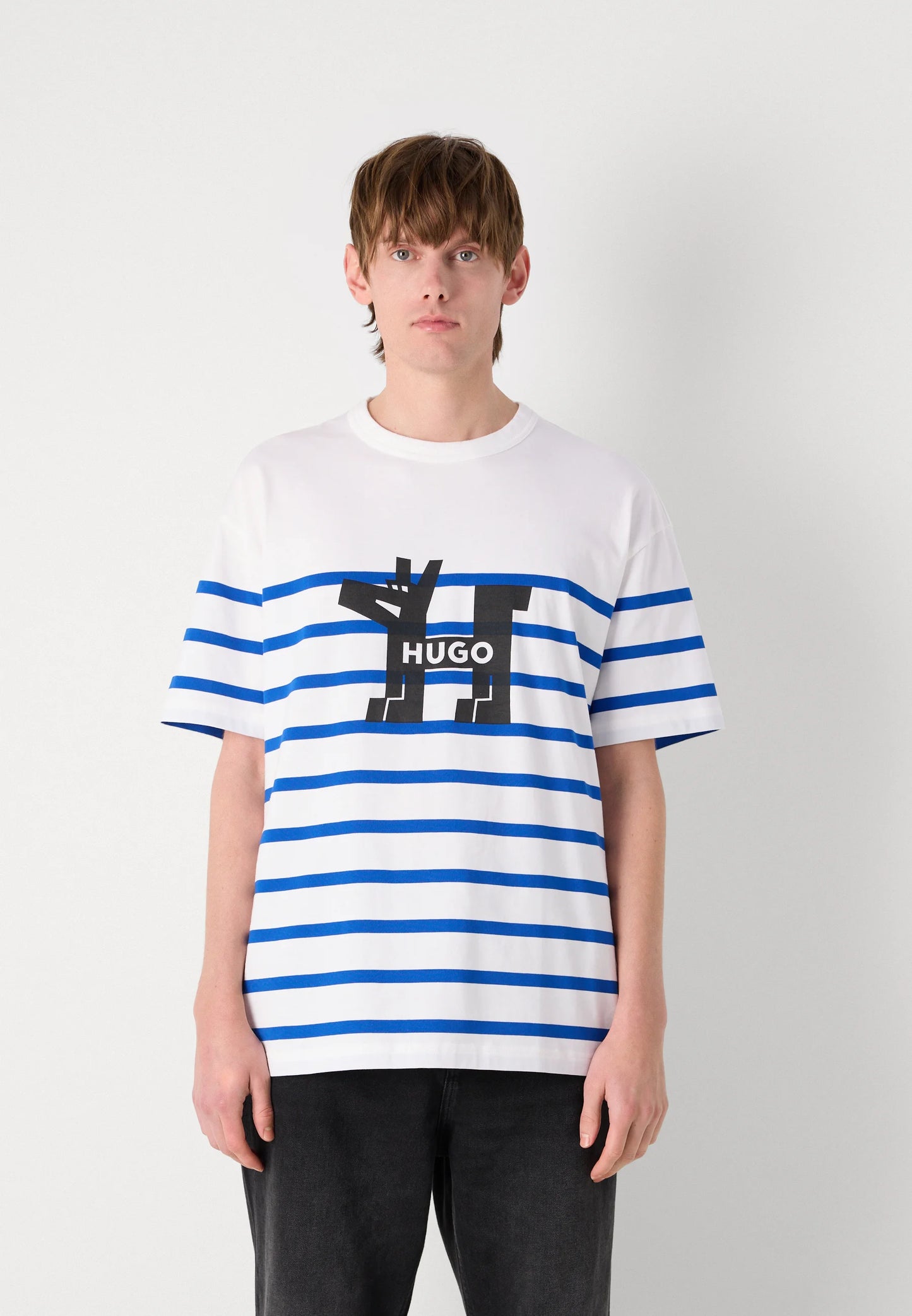 HUGO Men's Striped Geometric Dog Graphic Luxury T-Shirt - White & Blue