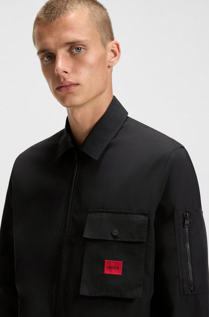 HUGO Men's Zip-Up Overshirt Jacket with Red Logo Patch