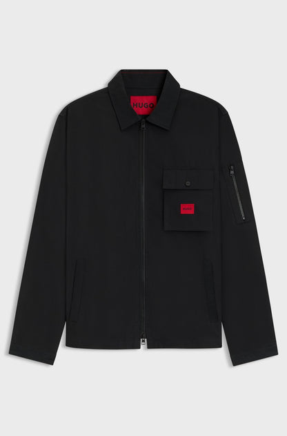 HUGO Men's Zip-Up Overshirt Jacket with Red Logo Patch