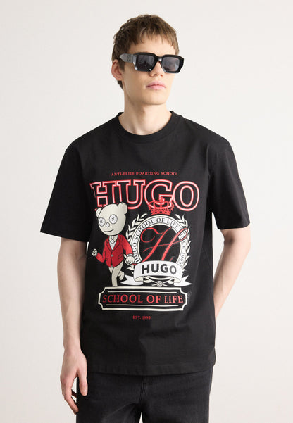 HUGO Collegiate Graphic T-Shirt with Bear mascot and "School of Life" Print