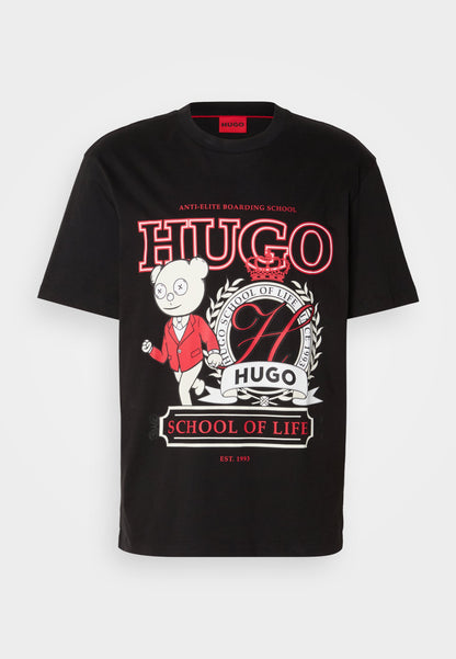 HUGO Collegiate Graphic T-Shirt with Bear mascot and "School of Life" Print