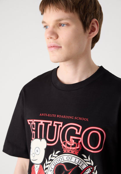 HUGO Collegiate Graphic T-Shirt with Bear mascot and "School of Life" Print