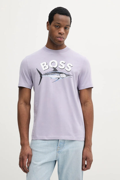 BOSS Cotton T-Shirt with Marlin Fish Graphic and Contrast Neck Taping