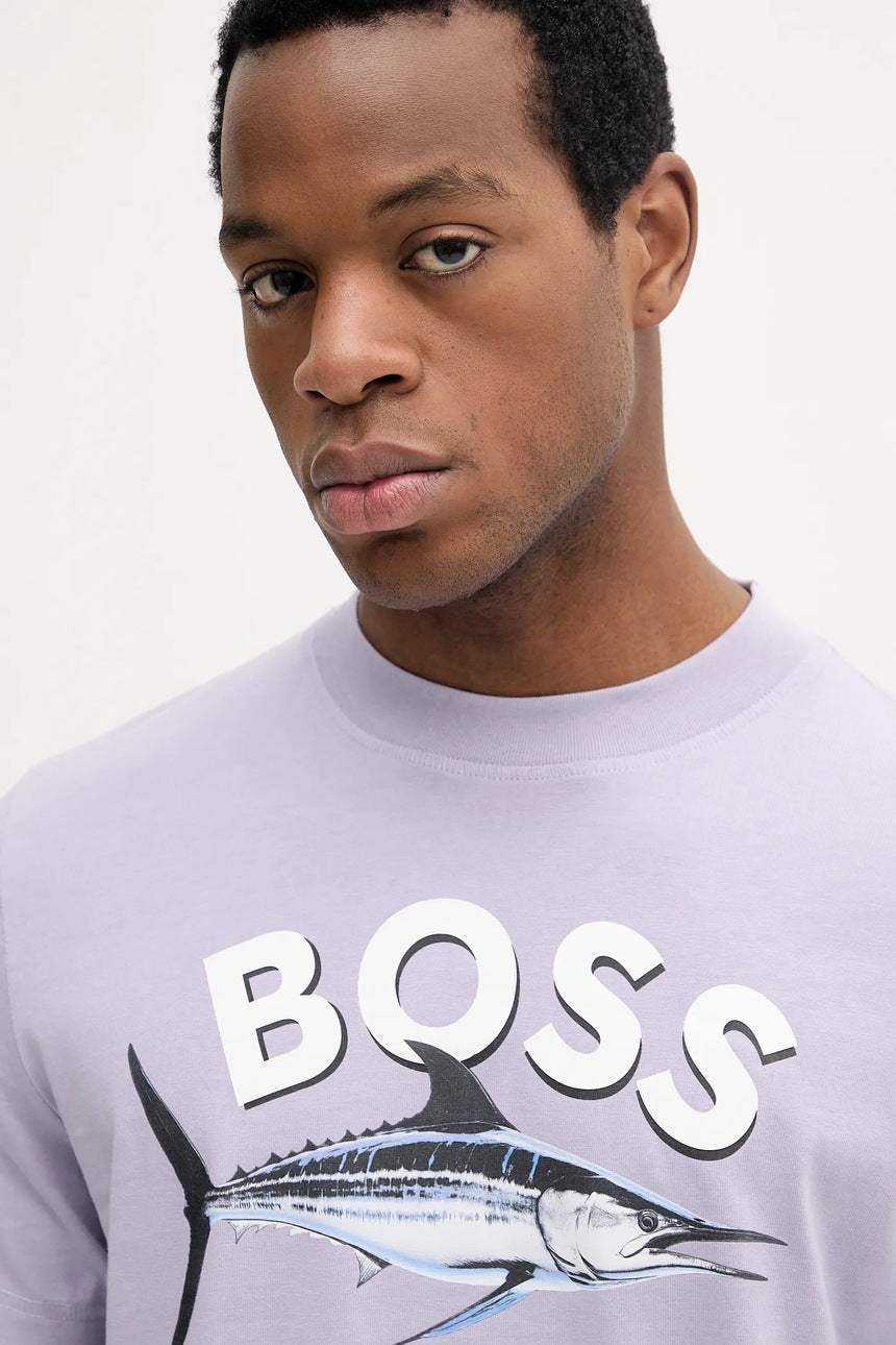 BOSS Cotton T-Shirt with Marlin Fish Graphic and Contrast Neck Taping