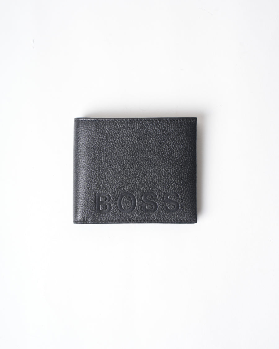 BOSS Grained Leather Bifold Wallet with Embossed Logo