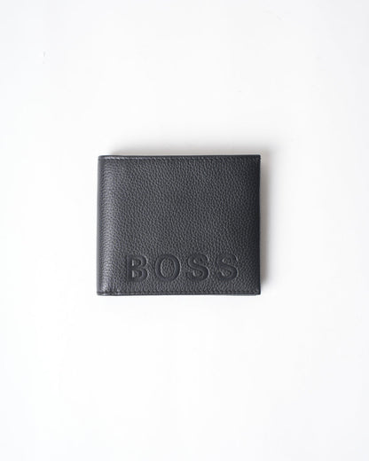 BOSS Grained Leather Bifold Wallet with Embossed Logo
