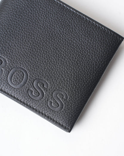BOSS Grained Leather Bifold Wallet with Embossed Logo