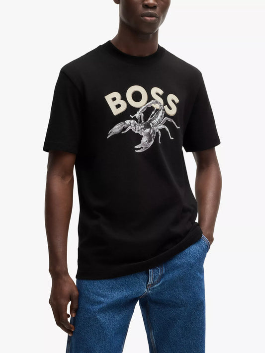 BOSS Cotton T-Shirt with Large Linear Graphic Logo Print
