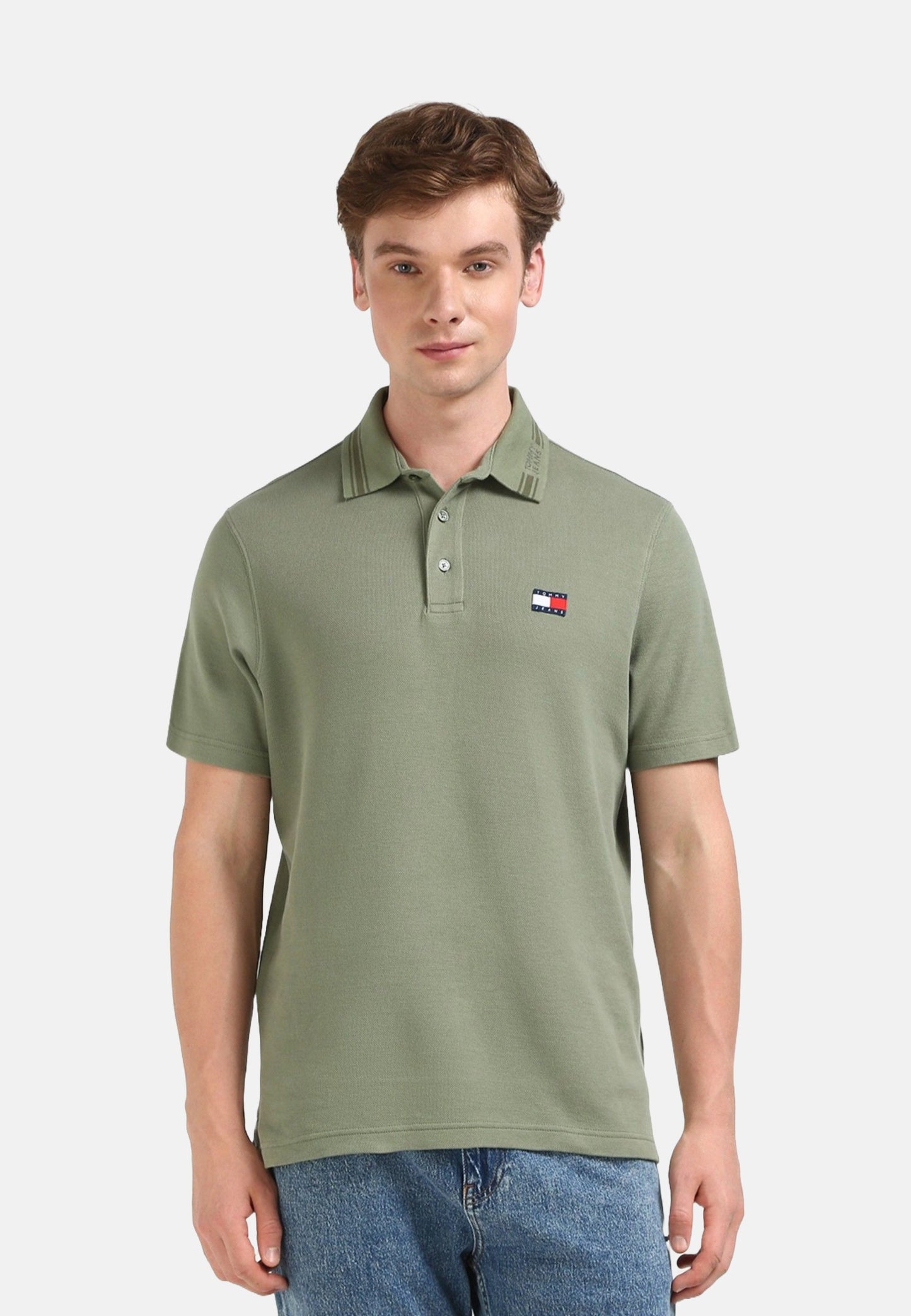 Tommy Jeans Men's Textured Collar Pique Polo Shirt - Olive Green