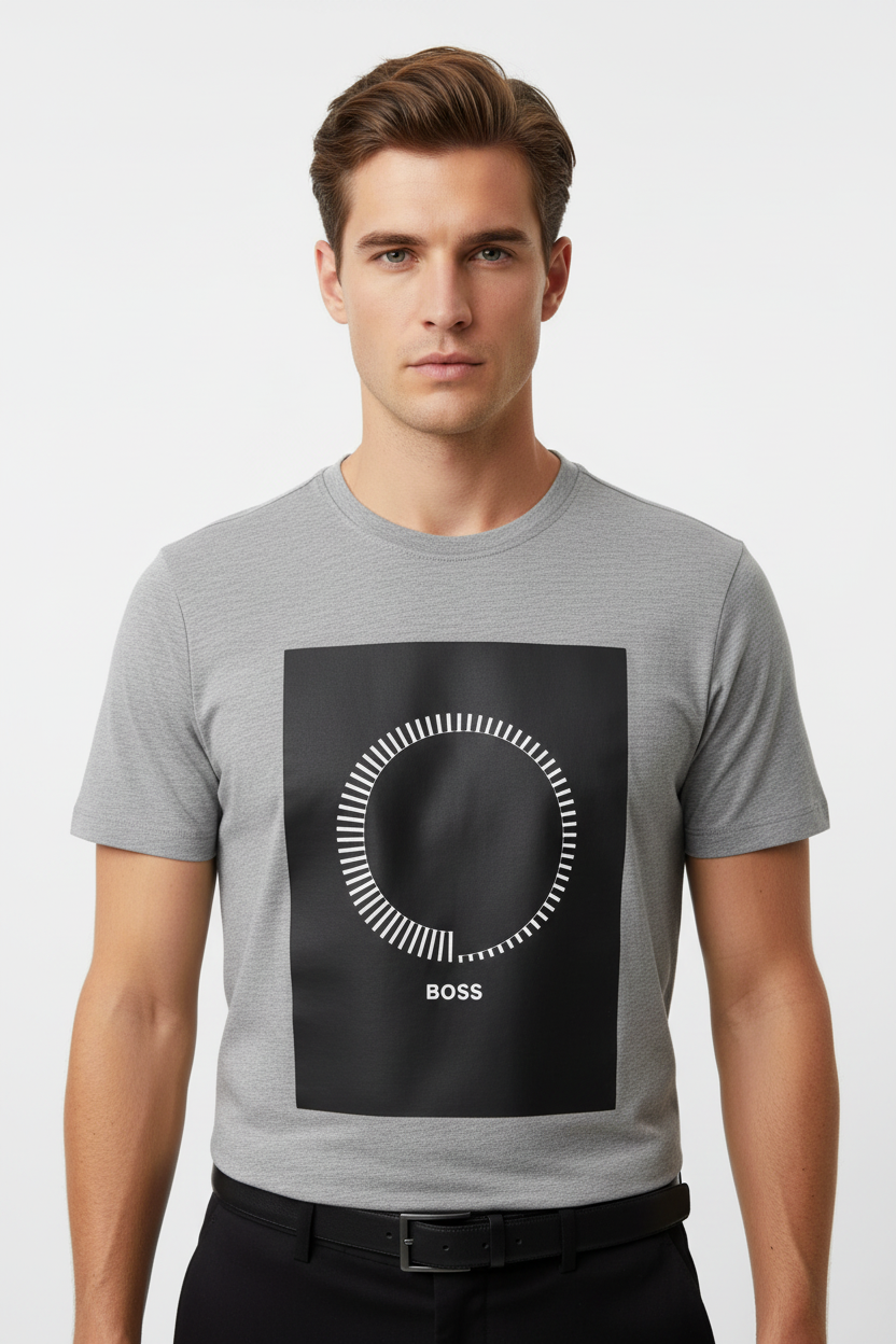 BOSS Men's Grey Graphic T-Shirt - Circular Logo Print