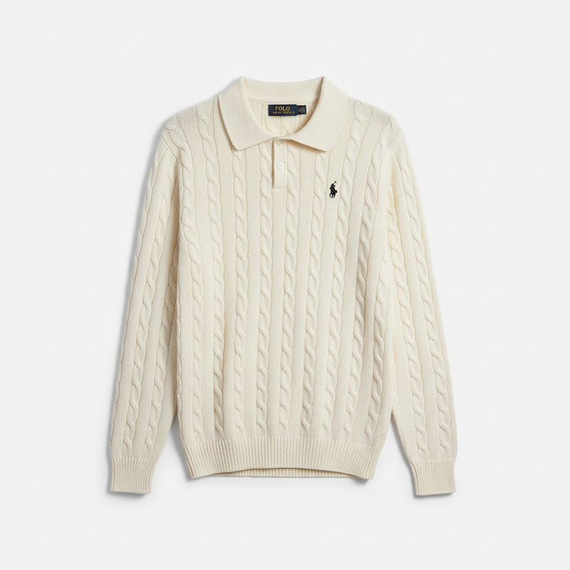 Women's Polo Collar Cable-Knit Sweater – Timeless Winter Elegance