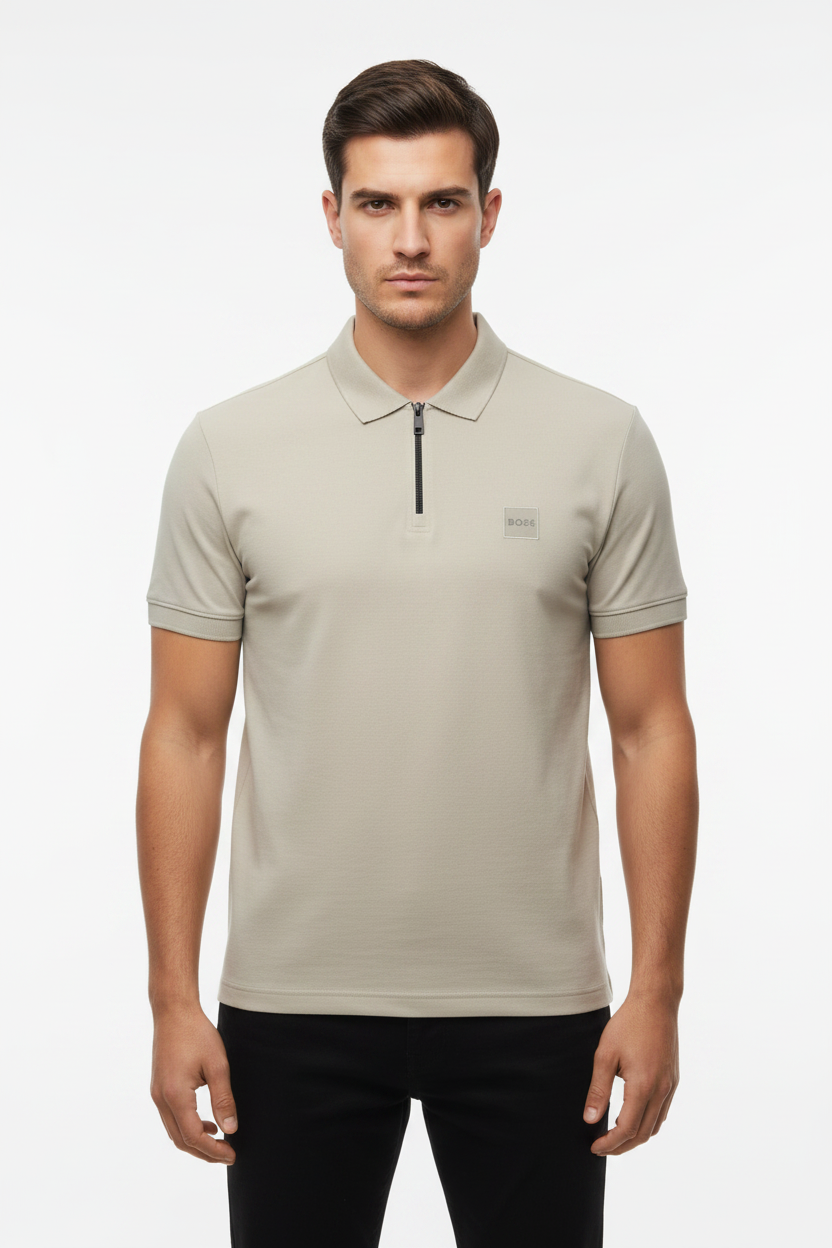 BOSS Men's Quarter-Zip Polo Shirt with Square Silicone Logo Patch