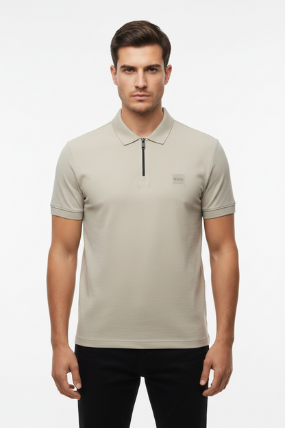 BOSS Men's Quarter-Zip Polo Shirt with Square Silicone Logo Patch