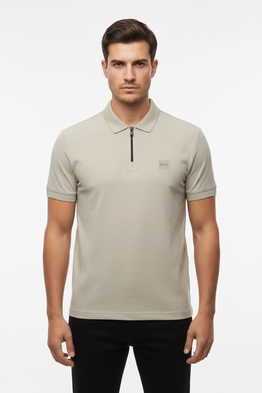 BOSS Men's Quarter-Zip Polo Shirt with Square Silicone Logo Patch