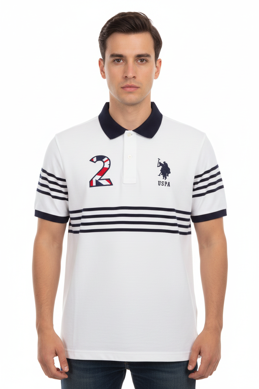 U.S. Polo Assn. Men's Striped Chest and Sleeve Polo Shirt with Number 2 Patch