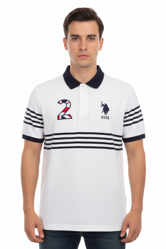 U.S. Polo Assn. Men's Striped Chest and Sleeve Polo Shirt with Number 2 Patch