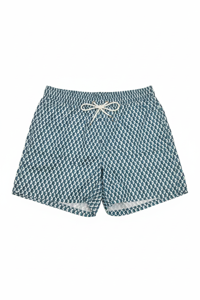 MNG 3D Geometric Cube Print Swim Shorts with Drawstring Waist