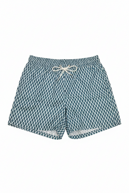 MNG 3D Geometric Cube Print Swim Shorts with Drawstring Waist