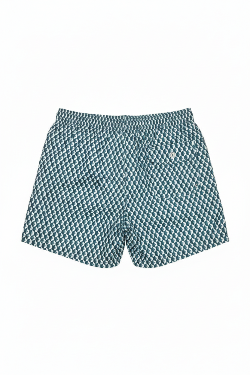 MNG 3D Geometric Cube Print Swim Shorts with Drawstring Waist