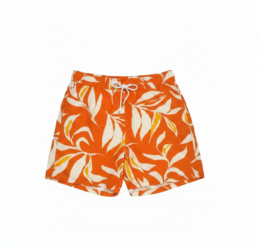 MNG Tropical Leaf Print Swim Shorts with Elastic Drawstring Waist