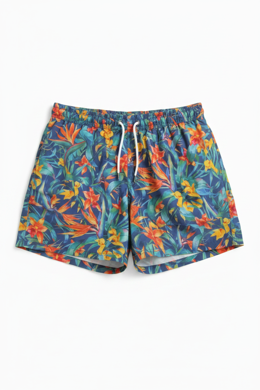 MNG Vibrant Tropical Floral Print Swim Shorts with Elastic Drawstring Waist